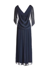 Robe de soirée bleu marine sans manches avec jupe plissée et détail de cape drapée transparente dans le dos.
