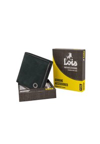 Cartera de cuero verde oscuro con un detalle plateado, mostrada en una caja negra y amarilla con la marca "Genuine Accessories".