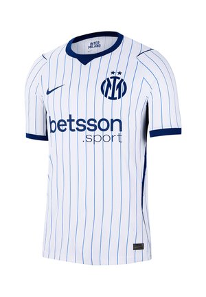 Biała koszulka piłkarska Interu Mediolan z cienkimi niebieskimi pionowymi paskami, granatowym kołnierzem i mankietami, logo Nike, herb drużyny i nazwą sponsora betsson.sport.