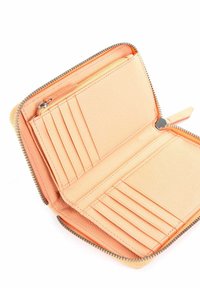 Peach-colored leather wallet with a zip closure, featuring multiple card slots, a zippered pocket, and a smooth textured interior.