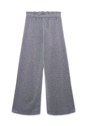 Pantaloni larghi grigi realizzati in un tessuto morbido e texturizzato. Presentano una vita elasticizzata e una vestibilità ampia con fianchi dritti e senza motivi visibili.