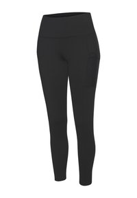 Black leggings with a high waistband, side pocket, and smooth texture. Designed for comfort and mobility in an athletic style.