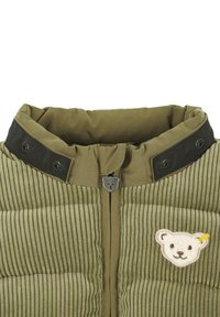 Gilet vert olive avec texture côtelée, col à boutons, accents noirs et patch d'ours. Comprend une fermeture éclair frontale avec une tirette en forme d'ours.