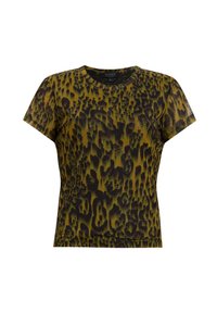 Kortärmad figurnära t-shirt med grönt och svart leopardmönster på vit bakgrund.