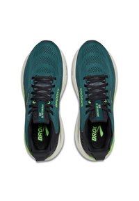 Zapatillas de correr en color verde azulado y negro con parte superior de malla transpirable, acentos verdes, punta redonda y diseño de cordones. Incluyen suela acolchada y detalle del logo.