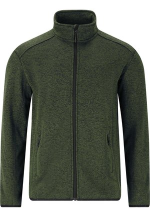 Grüne Jacke mit Reißverschluss aus strukturiertem Fleece. Verfügt über einen hohen Kragen, zwei seitliche Reißverschlusstaschen und kontrastierende schwarze Kanten an den Rändern.