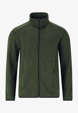 Grüne Jacke mit Reißverschluss aus strukturiertem Fleece. Verfügt über einen hohen Kragen, zwei seitliche Reißverschlusstaschen und kontrastierende schwarze Kanten an den Rändern.