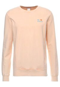 Jasno brzoskwiniowy sweatshirt wykonany z miękkiej tkaniny, z okrągłym dekoltem i długimi rękawami. Haftowane logo "MR. SCOTCH" w kolorze niebieskim i pomarańczowym.
