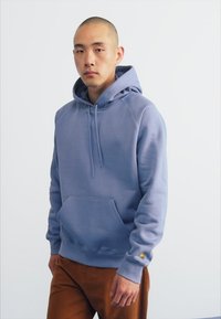 Sweat à capuche bleu clair en molleton, doté d'une poche kangourou, d'une capuche à cordon et de manches côtelées. Coupe standard.