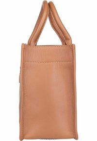 Sac à main en cuir tan avec une forme structurée, double poignées supérieures, coutures minimes et texture lisse. Comprend une poche zippée sur le côté.