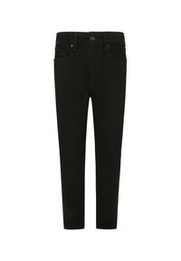 Juodos džinsai su slim fit kirpimu, su priekiniais mygtukais, dviem priekinėm kišenėm ir lygiu paviršiumi. Nėra matomų raštų.