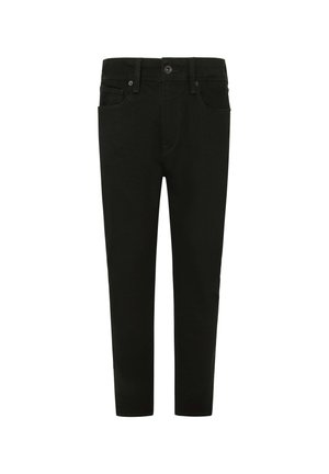 Črne usnjene jeans hlače s slim fit krojem, z zapiranjem na sprednji gumb, dvema sprednjima žepek in gladko teksturo. Brez vidnih vzorcev.