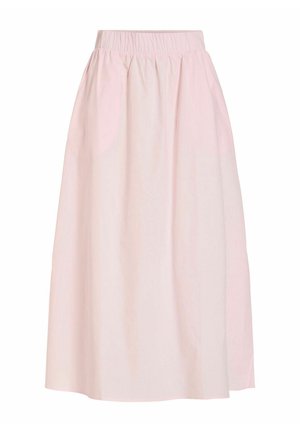 Jupe midi rose clair avec taille élastique, tissu froncé et silhouette trapèze.