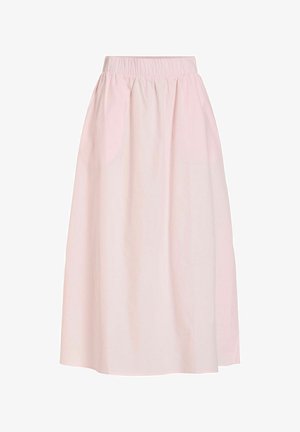 Lys rosa midi skjørt med elastisk midjebånd, rynket stoff og A-formet silhuett.