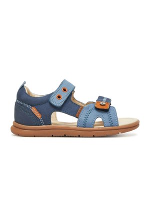Blaue Kindersandale mit verstellbaren Riemen, orangefarbenen Akzenten und brauner Sohle, entworfen für Komfort und legere Nutzung.