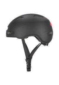 Sort cykelhjelm med mat finish, ventilationsspalter, justerbar hagestrappe og en rød baglygteknap. Strømlinet, afrundet design.