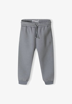 Pilkos sportinės kelnės su elastingu juosmeniu ir raišteliu, turi šonines kišenes ir susiraukšlėjusius rankogalius; minkšta medžiaga su širdies logotipo detale.