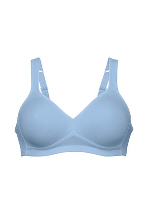 Vaaleansininen rintaliivit, joissa on sileä ja joustava kangas. Varustettu leveillä säädettävillä olkaimilla ja muotoilluilla kupeilla tuen takaamiseksi. Yksinkertainen, saumaton muotoilu.