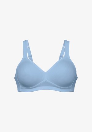 Vaaleansininen rintaliivit, joissa on sileä ja joustava kangas. Varustettu leveillä säädettävillä olkaimilla ja muotoilluilla kupeilla tuen takaamiseksi. Yksinkertainen, saumaton muotoilu.