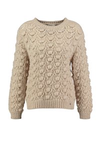 Beige chunky gebreide trui met een bobble stitch patroon, geribbelde boorden, zoom en ronde hals.