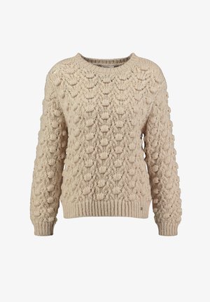 Jersey de punto grueso beige con un patrón de punto de pompones, puños acanalados, dobladillo y cuello redondo.