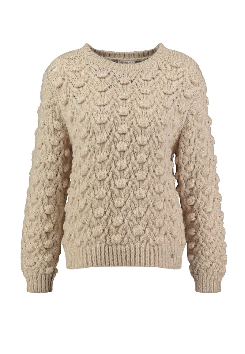 Beige chunky gebreide trui met een bobble stitch patroon, geribbelde boorden, zoom en ronde hals.