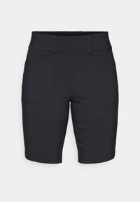 Sorte shorts med en tettsittende linning, glatt tekstur og to frontlommer. Rett snitt med lett rullet kant nederst.