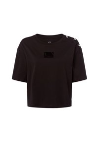 Schwarzes, kurzes T-Shirt aus weichem Stoff mit Rundhalsausschnitt, kurzen Ärmeln und dekorativen Knöpfen an der Schulter sowie einem Logoprint.