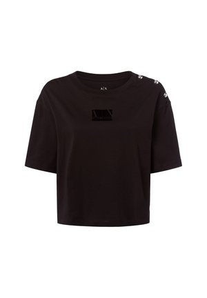 T-shirt nero corto realizzato in tessuto morbido, con scollo rotondo, maniche corte e bottoni decorativi sulla spalla con stampa del logo.