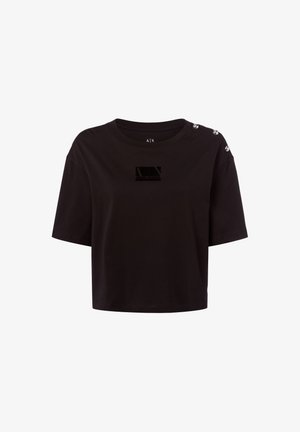 Czarna krótka koszulka z miękkiego materiału, z okrągłym dekoltem, krótkimi rękawami oraz ozdobnymi guzikami na ramieniu i nadrukiem logo.