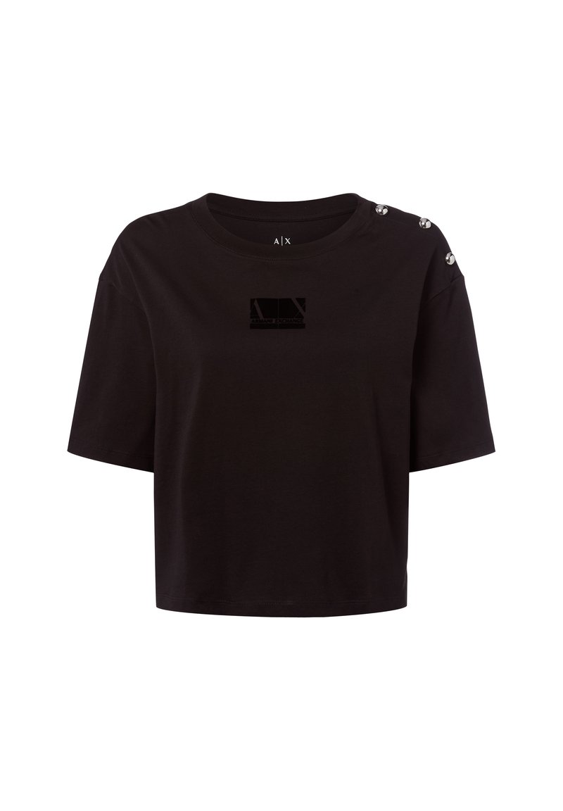 Schwarzes, kurzes T-Shirt aus weichem Stoff mit Rundhalsausschnitt, kurzen Ärmeln und dekorativen Knöpfen an der Schulter sowie einem Logoprint.