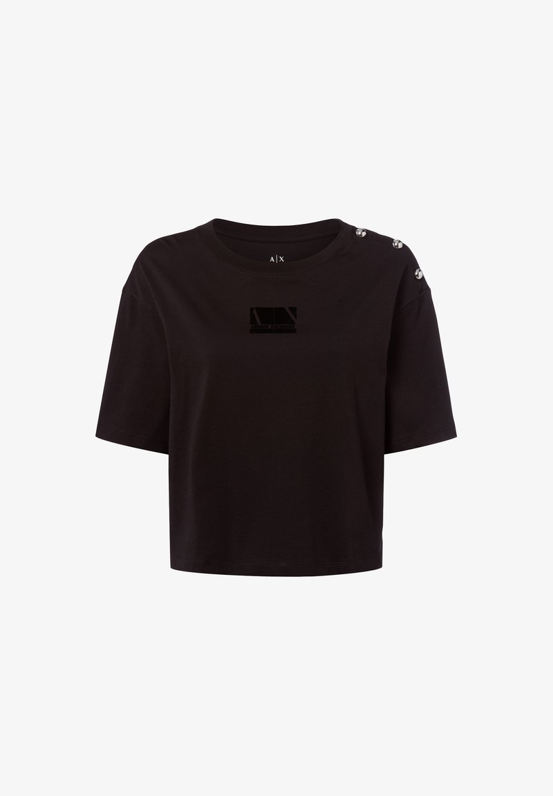 Schwarzes, kurzes T-Shirt aus weichem Stoff mit Rundhalsausschnitt, kurzen Ärmeln und dekorativen Knöpfen an der Schulter sowie einem Logoprint.