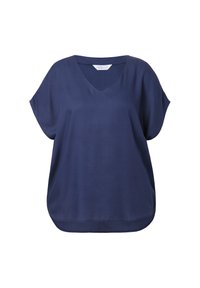 Haut bleu marine à manches courtes avec col en V, coupe décontractée, texture lisse et ourlet arrondi. Tissu léger avec un drapé subtil.