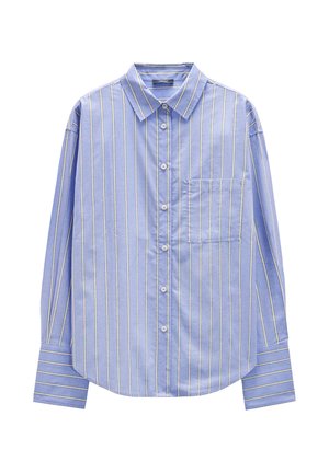 Jasnoniebieska koszula z długim rękawem w białe i żółte pionowe paski, z kołnierzykiem, kieszonką z przodu i zapięciem na guziki. Miękka tekstura materiału.