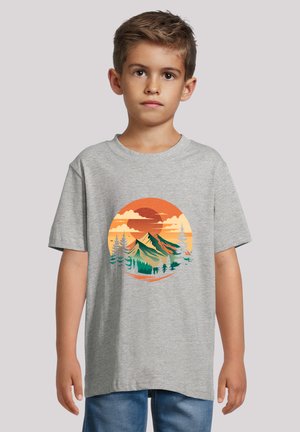 Gray short-sleeve t-shirt featuring a circular mountain and sunset graphic with colors orange, green, and white. Casual fit.