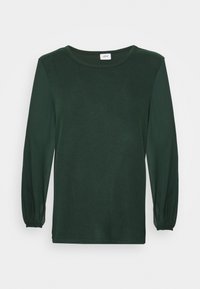 Dunkelgrünes Langarmoberteil aus glattem Stoff, mit rundem Ausschnitt und leicht gepufften Ärmeln mit elastischen Bündchen.