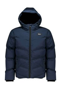 Navyblauwe gewatteerde jas met een ritssluiting aan de voorkant, een vaste capuchon en twee zijzakken. Bevat een gewatteerd ontwerp en elastische mouwboorden.
