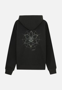 Schwarzer Hoodie mit einem großen floralen Design in hellgrün auf der Rückseite. Hergestellt aus weichem Stoff mit einer Kängurutasche, einer Kapuze mit Kordelzug und gerippten Bündchen.