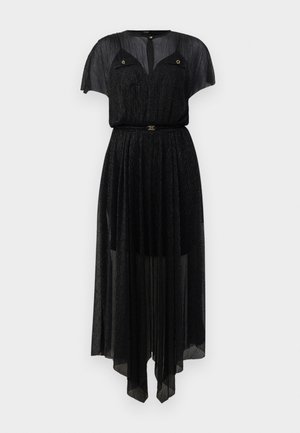 Black dress made of lightweight, sheer fabric with a pleated texture. It features short sleeves, a belt, and two chest pockets with gold accents.