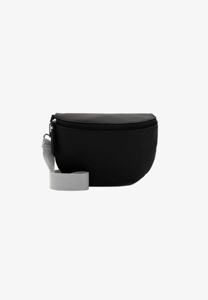 Sac zippé noir en matériau lisse, avec une sangle réglable grise. Forme épurée au design minimaliste et sans motifs visibles.