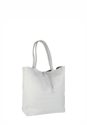 White leather tote bag with a smooth texture, two long handles, and a subtle drawstring closure at the top. No visible hardware or patterns.
