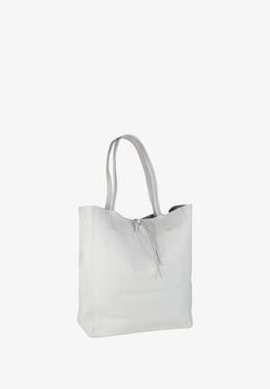 White leather tote bag with a smooth texture, two long handles, and a subtle drawstring closure at the top. No visible hardware or patterns.