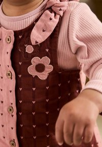 Rozā ribota blūze ar garām piedurknēm, kas valkāta zem bordo rūtainas kleitas, ar ziedu izšuvumu un izsietu detaļu uz pleca.