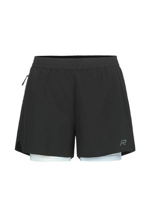 Sorte atletikshorts med indre lysegrå kompressionslag og et lille reflekterende logo nederst på højre side, elastisk taljebånd, sidelomme med lynlås.