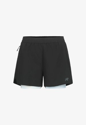Sorte atletikshorts med indre lysegrå kompressionslag og et lille reflekterende logo nederst på højre side, elastisk taljebånd, sidelomme med lynlås.