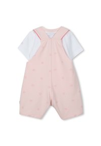 Ροζ βαμβακερό ρόμπα με κοντά πόδια και λευκό μπλουζάκι από κάτω. Διαθέτει διακριτικά μοτίβα και αντίθετους ιμάντες.