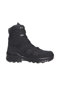 Scarpa da trekking nera con superiore in materiale sintetico resistente, pannelli in rete, doppi occhielli in metallo e suola ruvida e pattern per una migliore aderenza.