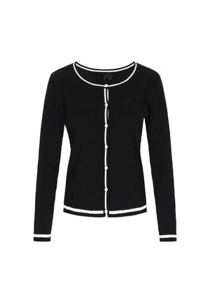 Black ribbed cardigan with a round neckline, featuring white trim on the edges and buttons down the front. Long sleeves.