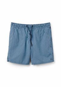 Bañadores de hombre, tejido ligero, rayas verticales en azul y blanco, cinturilla elástica con cordón, bolsillo lateral y corte recto.