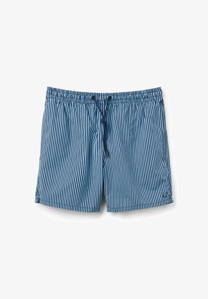 Shorts de bain pour hommes, tissu léger, rayures verticales bleu et blanc, taille élastique avec cordon de serrage, poche latérale et coupe droite.